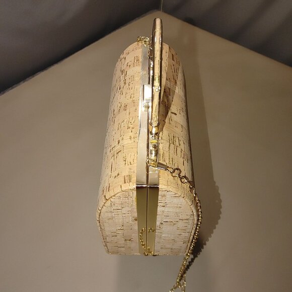 Crossbody Cork Gold Tone Hard Shell Handbag Purse Bag Case Chain Metal Handle - Picture 12 of 12